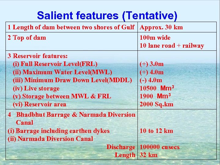 Salient features (Tentative) 1 Length of dam between two shores of Gulf Approx. 30