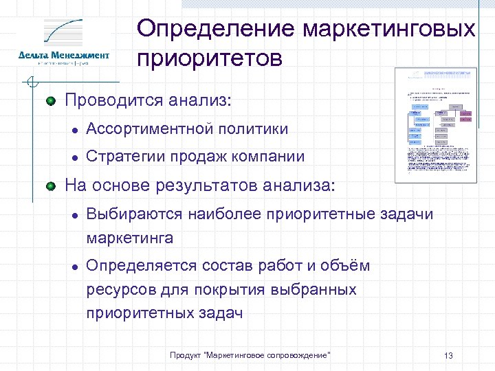 Определение маркетинговых приоритетов Проводится анализ: ● Ассортиментной политики ● Стратегии продаж компании На основе