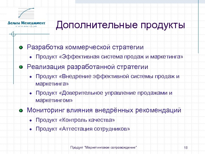 Дополнительные продукты Разработка коммерческой стратегии ● Продукт «Эффективная система продаж и маркетинга» Реализация разработанной