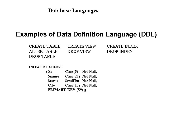 Database Languages Examples of Data Definition Language (DDL) CREATE TABLE ALTER TABLE DROP TABLE