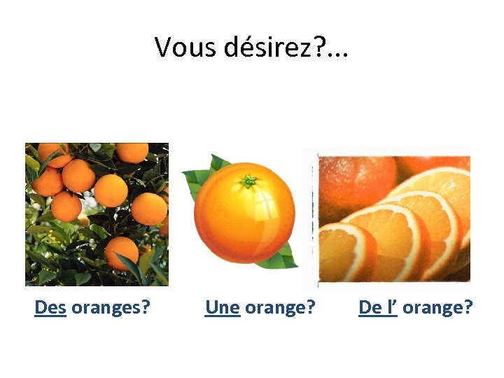 Vous désirez? . . . Des oranges? Une orange? De l’ orange? 