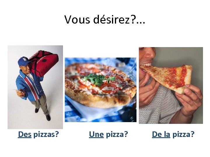 Vous désirez? . . . Des pizzas? Une pizza? De la pizza? 