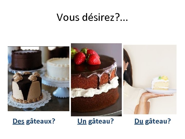 Vous désirez? . . . Des gâteaux? Un gâteau? Du gâteau? 