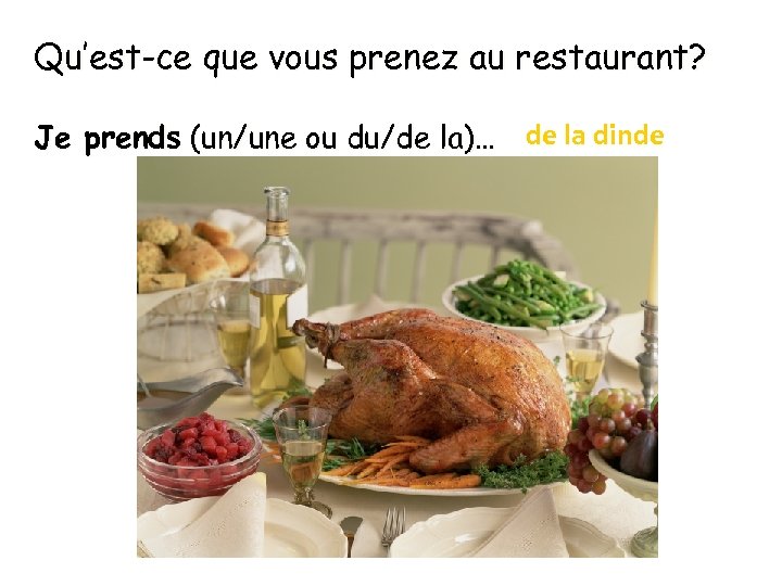 Qu’est-ce que vous prenez au restaurant? Je prends (un/une ou du/de la)… de la