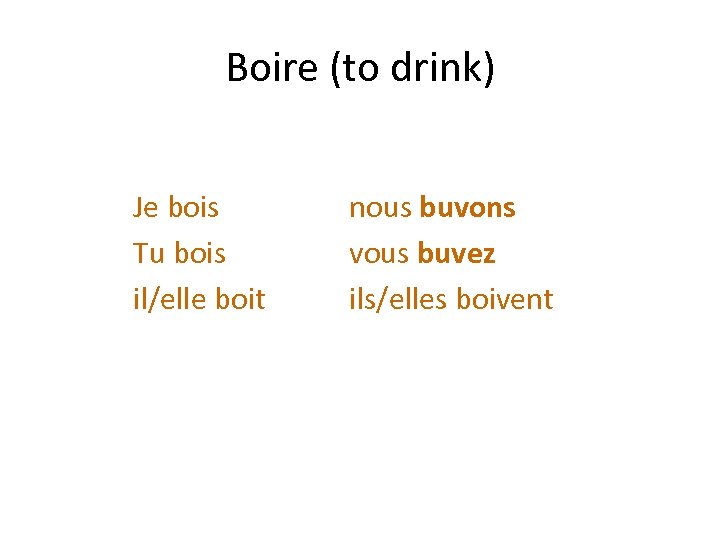 Boire (to drink) Je bois Tu bois il/elle boit nous buvons vous buvez ils/elles