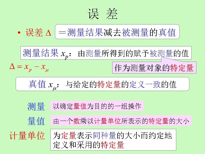 误 差 • 误差 ＝测量结果减去被测量的真值 测量结果 xp：由测量所得到的赋予被测量的值 作为测量对象的特定量 真值 x ：与给定的特定量的定义一致的值 测量 以确定量值为目的的一组操作 量值