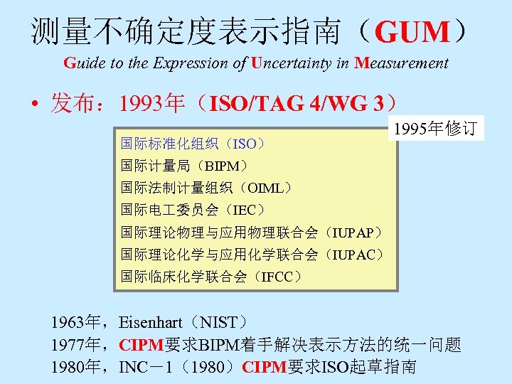 测量不确定度表示指南（GUM） Guide to the Expression of Uncertainty in Measurement • 发布： 1993年（ISO/TAG 4/WG 3）