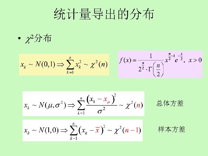 统计量导出的分布 • 2分布 总体方差 样本方差 