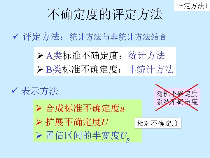 不确定度的评定方法 1 ü 评定方法：统计方法与非统计方法结合 Ø A类标准不确定度：统计方法 Ø B类标准不确定度：非统计方法 ü 表示方法 Ø 合成标准不确定度u Ø 扩展不确定度U