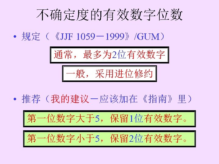 不确定度的有效数字位数 • 规定（《JJF 1059－1999》/GUM） 通常，最多为 2位有效数字 一般，采用进位修约 • 推荐（我的建议－应该加在《指南》里） 第一位数字大于5，保留 1位有效数字。 第一位数字小于5，保留 2位有效数字。 