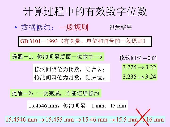 计算过程中的有效数字位数 • 数据修约：一般规则 测量结果 GB 3101－1993《有关量、单位和符号的一般原则》 提醒－1：修约间隔后面一位数字＝ 5 修约间隔＝ 0. 01 修约间隔位为偶数，则舍去； 修约间隔位为奇数，则进位。 提醒－2：一次完成，不能连续修约