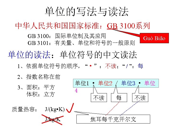 单位的写法与读法 中华人民共和国国家标准：GB 3100系列 GB 3100：国际单位制及其应用 GB 3101：有关量、单位和符号的一般原则 Guó Biāo 单位的读法：单位符号的中文读法 1、依据单位符号的顺序， “ • ”：不读；“