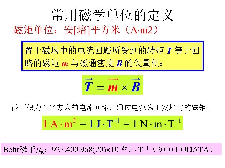 常用磁学单位的定义 磁矩单位：安[培]平方米（A m 2） 置于磁场中的电流回路所受到的转矩 T 等于回 路的磁矩 m 与磁通密度 B 的矢量积： 截面积为 1