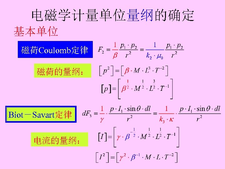 电磁学计量单位量纲的确定 基本单位 磁荷Coulomb定律 磁荷的量纲： Biot－Savart定律 电流的量纲： 