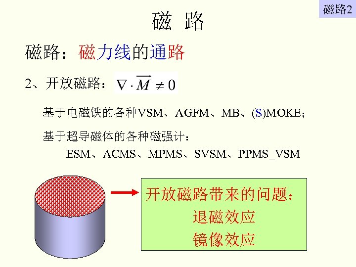磁 路 磁路：磁力线的通路 2、开放磁路： 基于电磁铁的各种VSM、AGFM、MB、(S)MOKE； 基于超导磁体的各种磁强计： ESM、ACMS、MPMS、SVSM、PPMS_VSM 开放磁路带来的问题： 退磁效应 镜像效应 磁路 2 