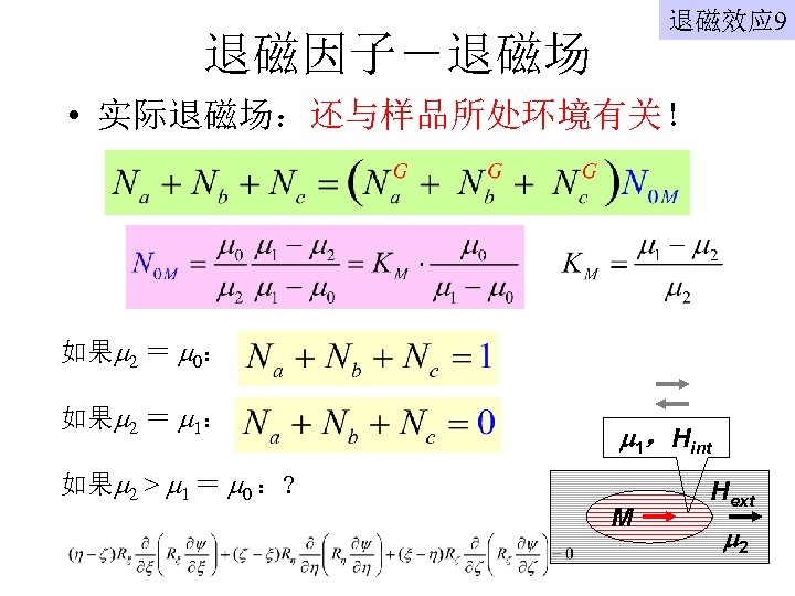 退磁效应 9 退磁因子－退磁场 • 实际退磁场：还与样品所处环境有关！ 如果 2 ＝ 0： 如果 2 ＝ 1： 如果