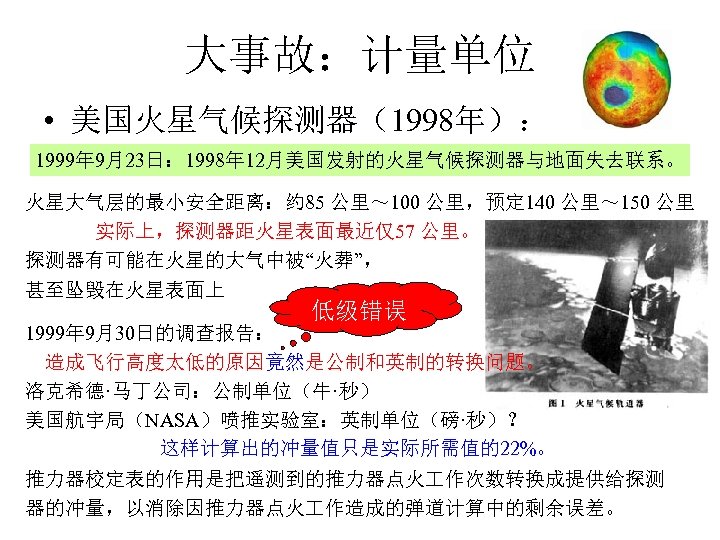大事故：计量单位 • 美国火星气候探测器（1998年）： 1999年 9月23日： 1998年 12月美国发射的火星气候探测器与地面失去联系。 火星大气层的最小安全距离：约 85 公里～ 100 公里，预定 140 公里～
