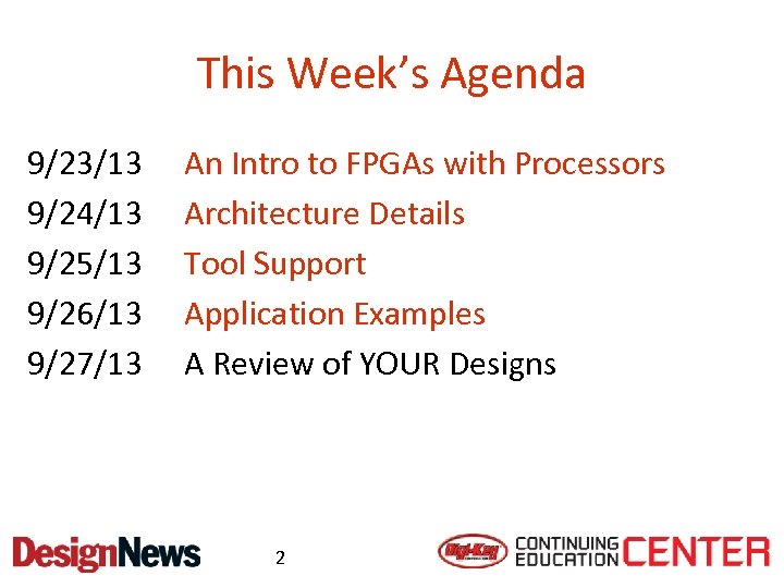 This Week’s Agenda 9/23/13 9/24/13 9/25/13 9/26/13 9/27/13 An Intro to FPGAs with Processors