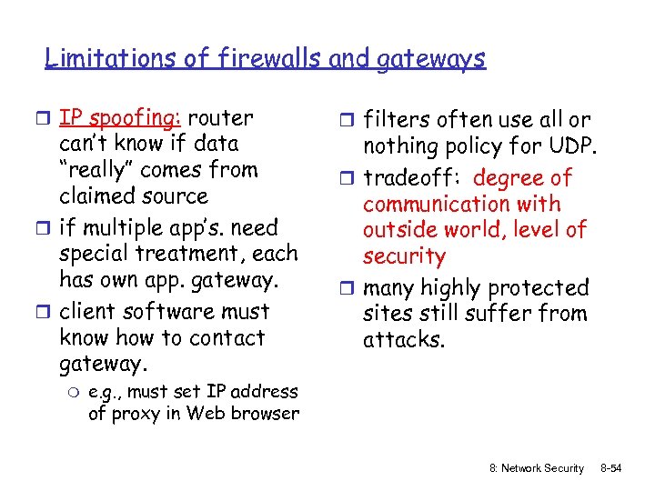 Limitations of firewalls and gateways r IP spoofing: router can’t know if data “really”