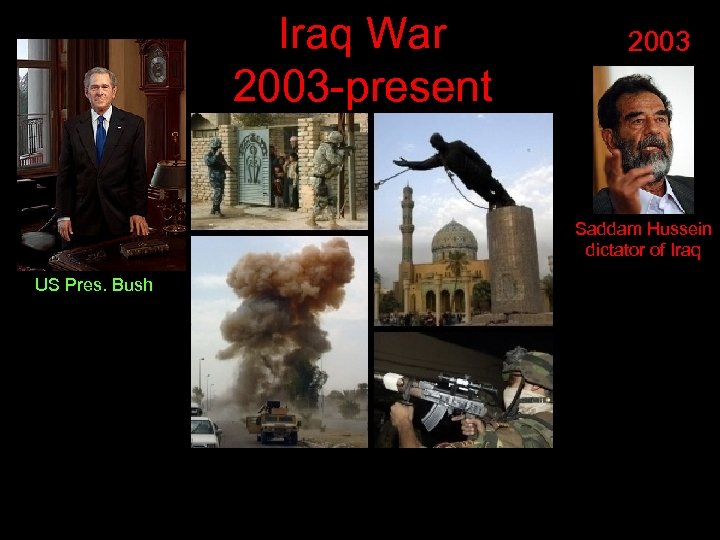 Iraq War 2003 -present 2003 Saddam Hussein dictator of Iraq US Pres. Bush 