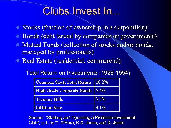 Clubs Invest In. . . Stocks (fraction of ownership in a corporation) l Bonds