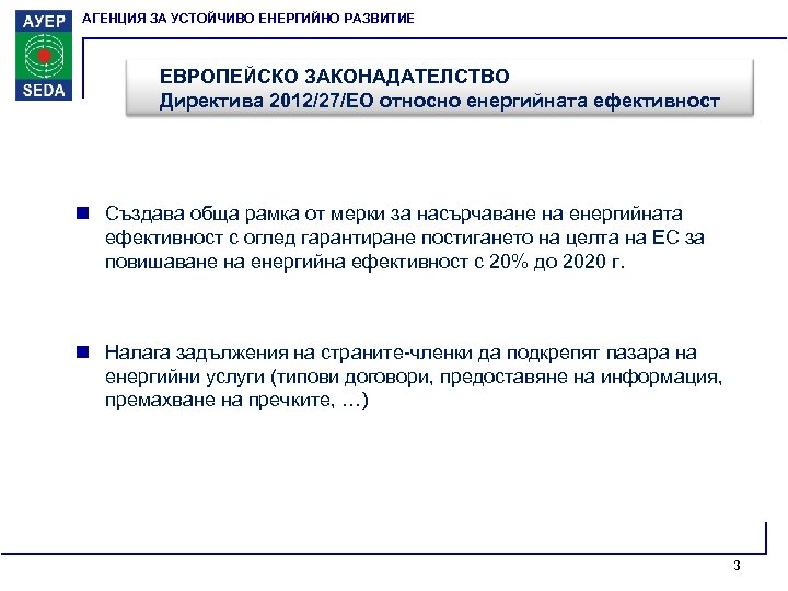 АГЕНЦИЯ ЗА УСТОЙЧИВО ЕНЕРГИЙНО РАЗВИТИЕ ЕВРОПЕЙСКО ЗАКОНАДАТЕЛСТВО Директива 2012/27/ЕО относно енергийната ефективност n Създава