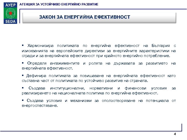 АГЕНЦИЯ ЗА УСТОЙЧИВО ЕНЕРГИЙНО РАЗВИТИЕ ЗАКОН ЗА ЕНЕРГИЙНА ЕФЕКТИВНОСТ § Хармонизира политиката по енергийна