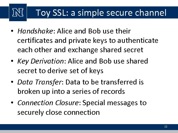 Toy SSL: a simple secure channel • Handshake: Alice and Bob use their certificates