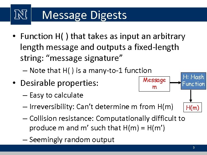 Message Digests • Function H( ) that takes as input an arbitrary length message