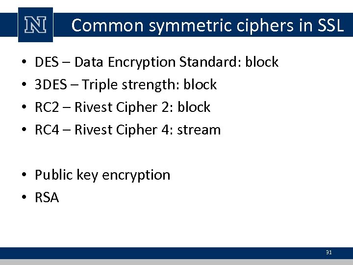 Common symmetric ciphers in SSL • • DES – Data Encryption Standard: block 3