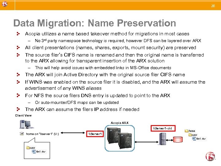 26 Data Migration: Name Preservation Acopia utilizes a name based takeover method for migrations