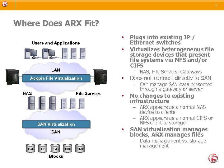 7 Where Does ARX Fit? • Users and Applications • LAN – NAS, File