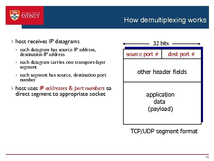 How demultiplexing works › host receives IP datagrams - each datagram has source IP