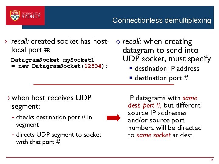 Connectionless demultiplexing › recall: created socket has hostlocal port #: Datagram. Socket my. Socket