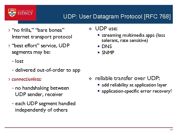 UDP: User Datagram Protocol [RFC 768] › “no frills, ” “bare bones” Internet transport