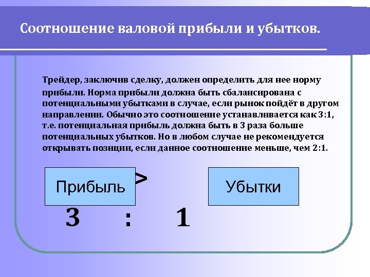 Соотношение валовой прибыли и убытков. Трейдер, заключив сделку, должен определить для нее норму прибыли.