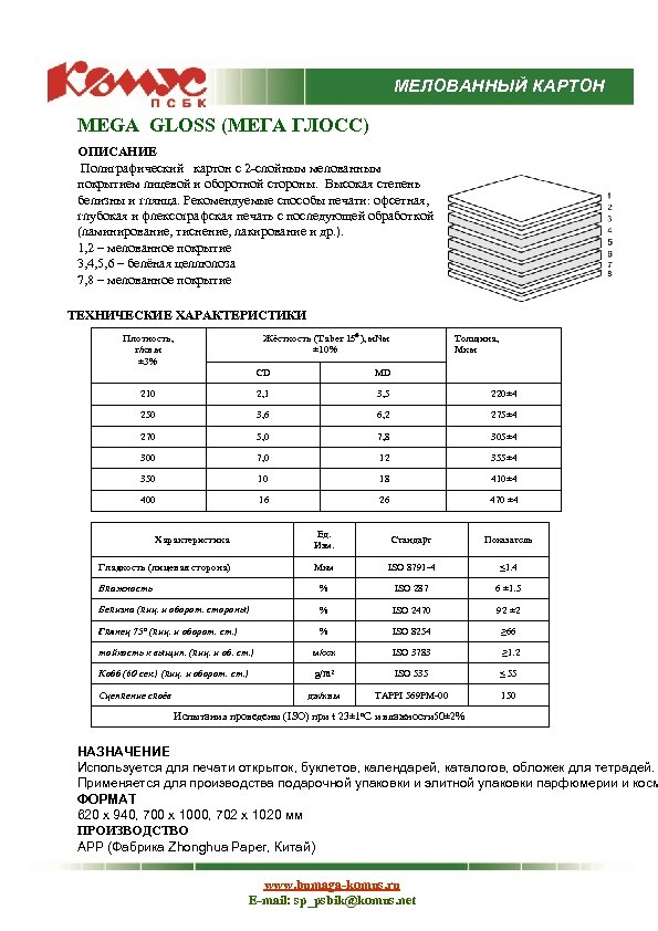 МЕЛОВАННЫЙ КАРТОН MEGA GLOSS (МЕГА ГЛОСС) ОПИСАНИЕ Полиграфический картон с 2 -слойным мелованным покрытием
