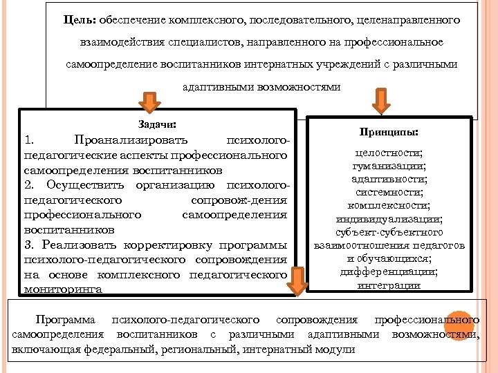 Цель: обеспечение комплексного, последовательного, целенаправленного взаимодействия специалистов, направленного на профессиональное самоопределение воспитанников интернатных учреждений