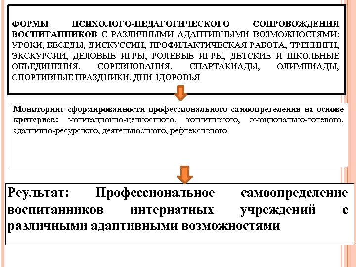 ФОРМЫ ПСИХОЛОГО-ПЕДАГОГИЧЕСКОГО СОПРОВОЖДЕНИЯ ВОСПИТАННИКОВ С РАЗЛИЧНЫМИ АДАПТИВНЫМИ ВОЗМОЖНОСТЯМИ: УРОКИ, БЕСЕДЫ, ДИСКУССИИ, ПРОФИЛАКТИЧЕСКАЯ РАБОТА, ТРЕНИНГИ,