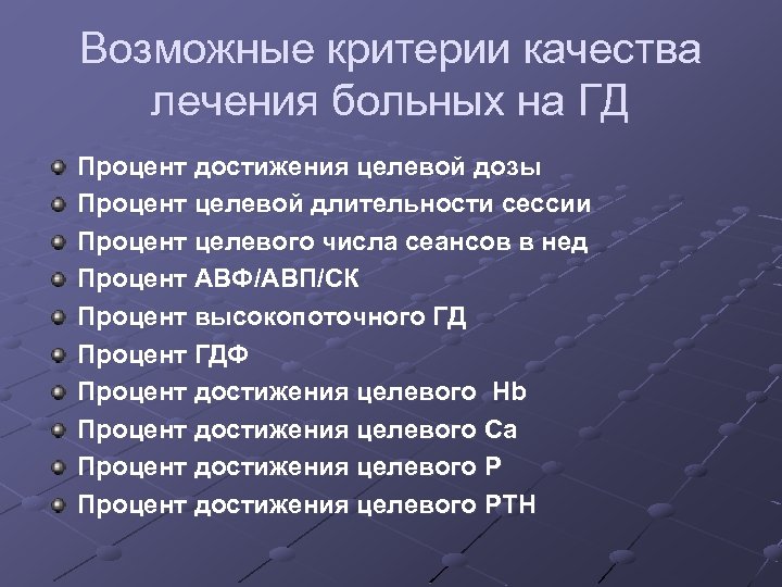 Возможные критерии качества лечения больных на ГД Процент достижения целевой дозы Процент целевой длительности