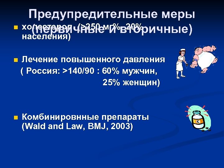 Предупредительные меры n холестерол (>250 мг%- 20% (первичные и вторичные) населения) n Лечение повышенного