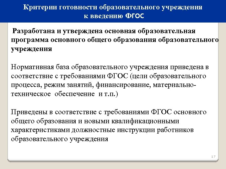 Критерии готовности образовательного учреждения к введению ФГОС Разработана и утверждена основная образовательная программа основного