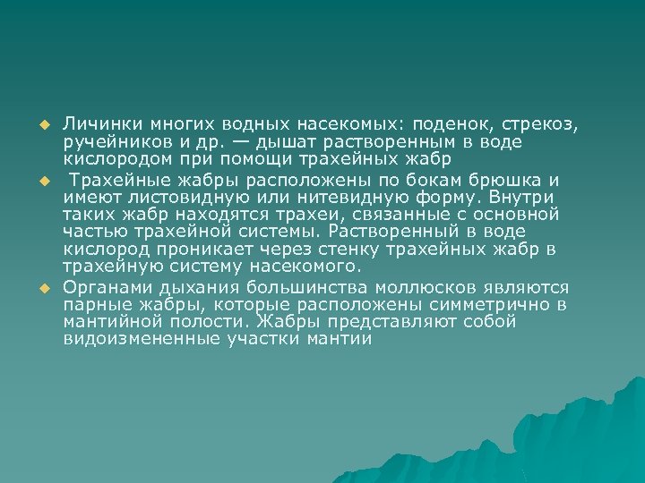 u u u Личинки многих водных насекомых: поденок, стрекоз, ручейников и др. — дышат