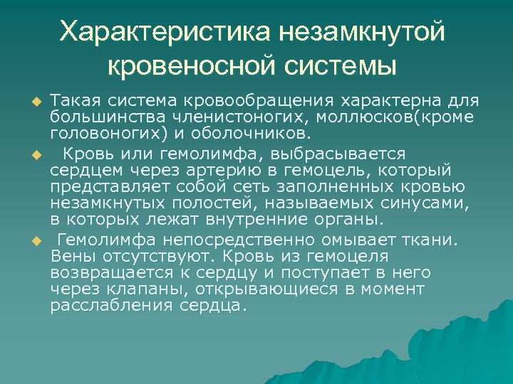 Характеристика незамкнутой кровеносной системы u u u Такая система кровообращения характерна для большинства членистоногих,