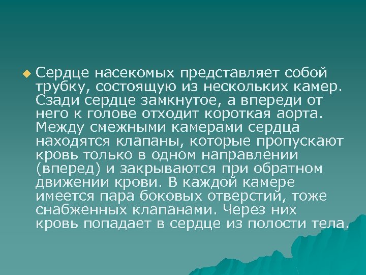 u Сердце насекомых представляет собой трубку, состоящую из нескольких камер. Сзади сердце замкнутое, а