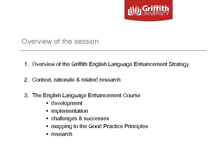 Overview of the session 1. Overview of the Griffith English Language Enhancement Strategy 2.