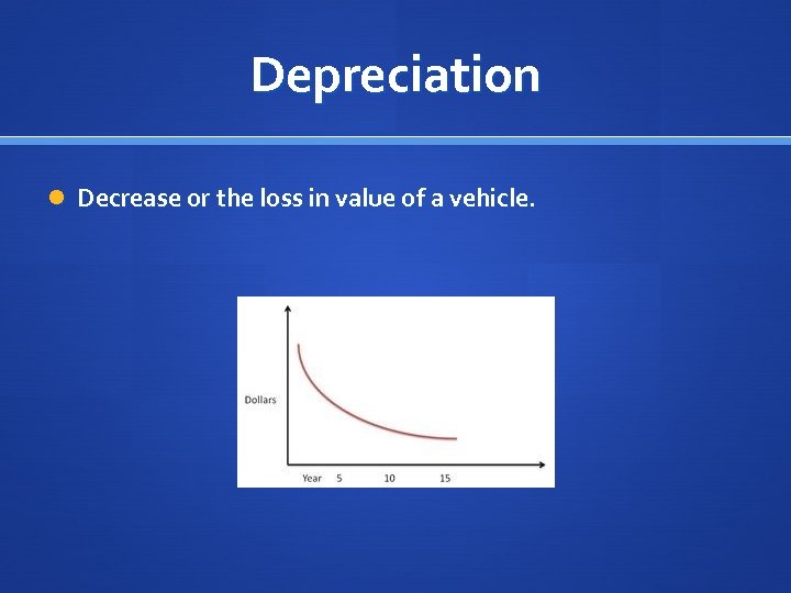 Depreciation Decrease or the loss in value of a vehicle. 