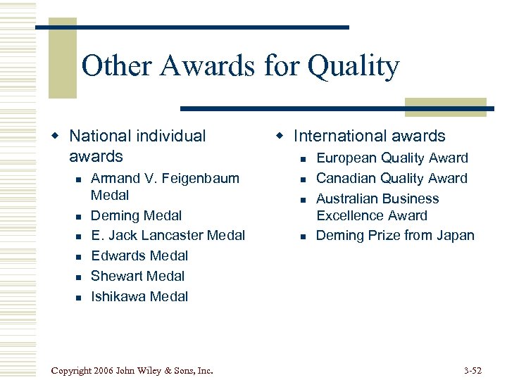 Other Awards for Quality w National individual awards n n n Armand V. Feigenbaum