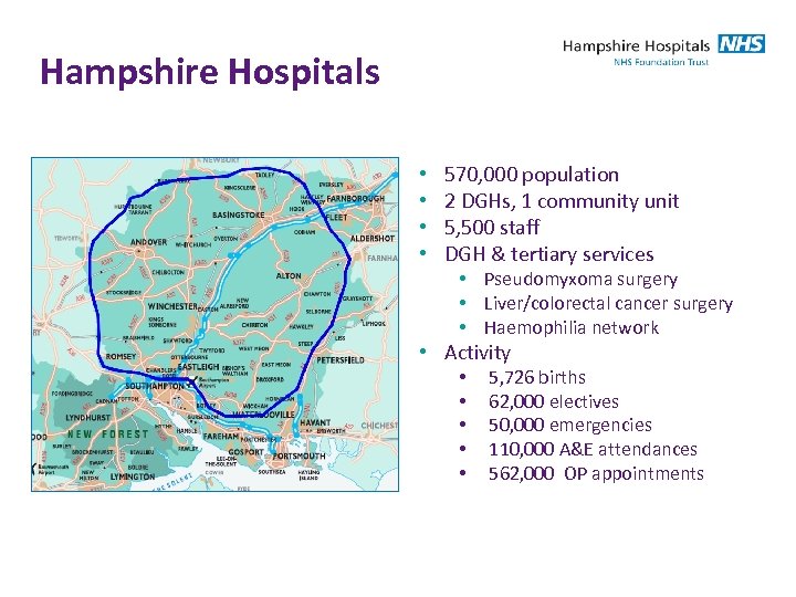 Hampshire Hospitals • • 570, 000 population 2 DGHs, 1 community unit 5, 500
