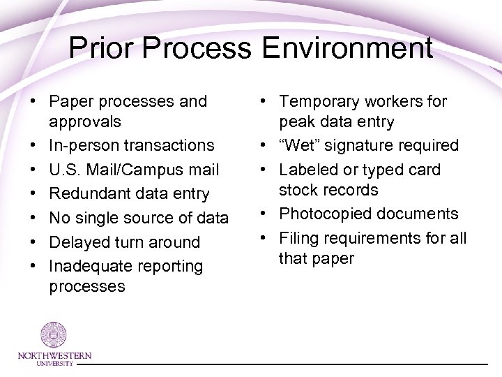 Prior Process Environment • Paper processes and approvals • In-person transactions • U. S.